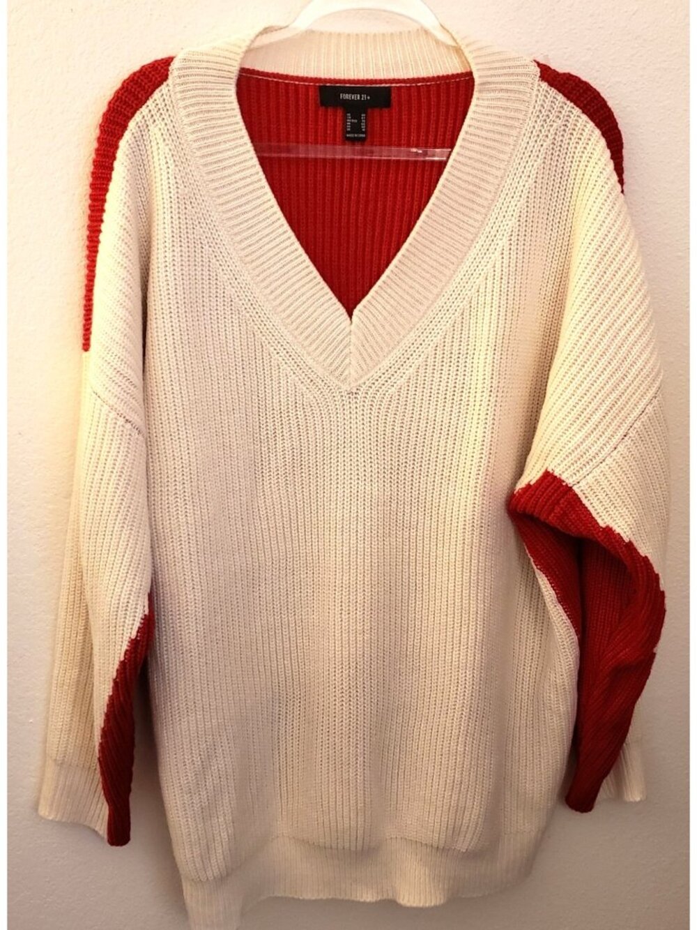 Forever 21 Plus Red and Cream Oversize Shaker Knit Sweater fits up to 2X EUC